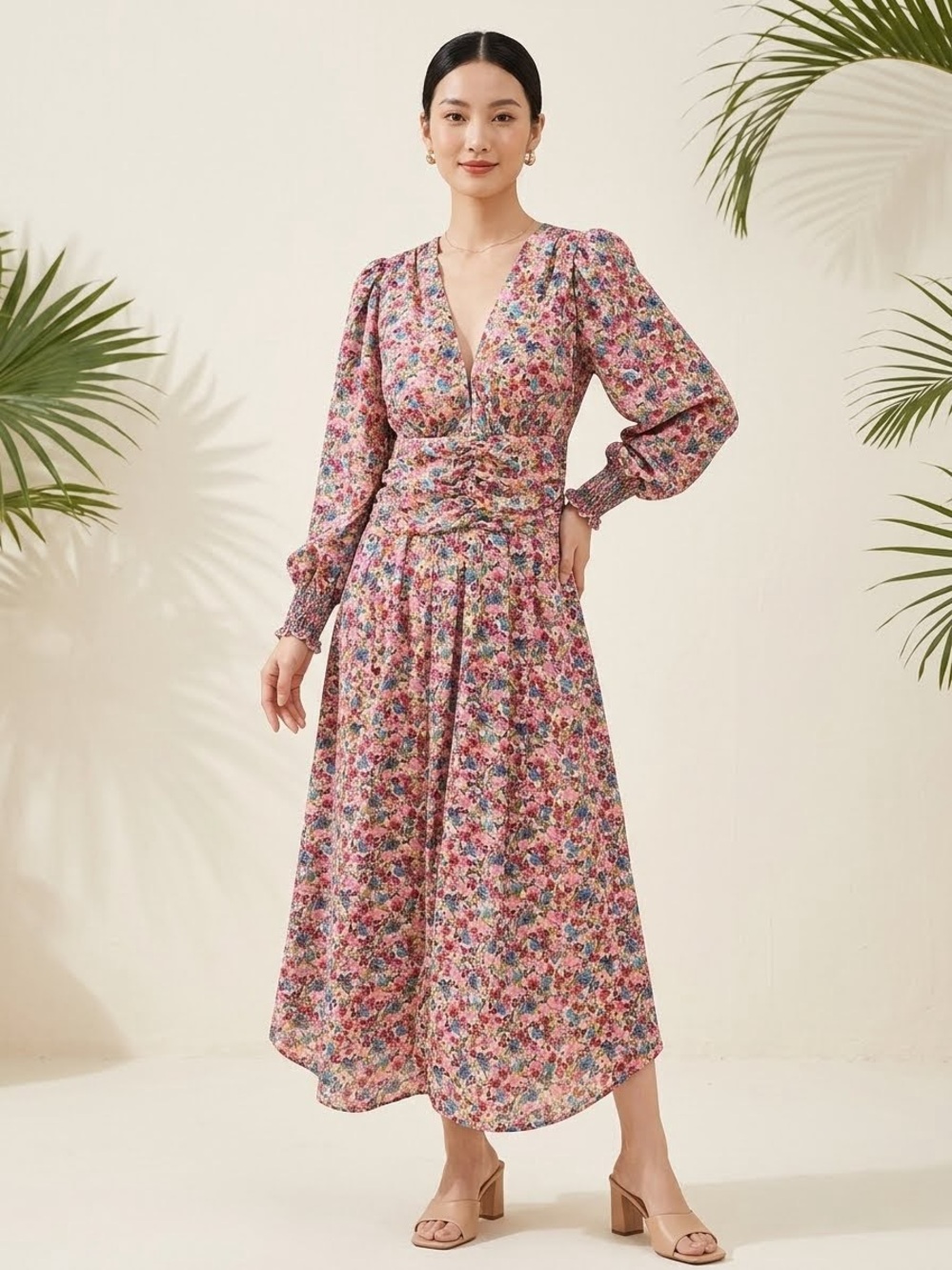 Floral Pink V-Neck‎ Long Sleeve Midi Dress